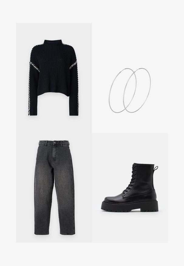 Vero Moda VMNEWCREAM FUNNELNECK PULLOVER - Pullover - black/birch; Pantalons en denim noir avec une coupe décontractée, un design à cinq poches et une fermeture à bouton, présentant une finition délavée et une coupe droite.; Bottines en cuir noir avec un bout rond, un laçage à l'avant et une épaisse semelle en caoutchouc dotée d'un motif texturé. Tirer au dos.; Boucles d'oreilles en argent au design minimaliste. Forme circulaire, texture lisse et profil fin. Légères avec une finition polie.