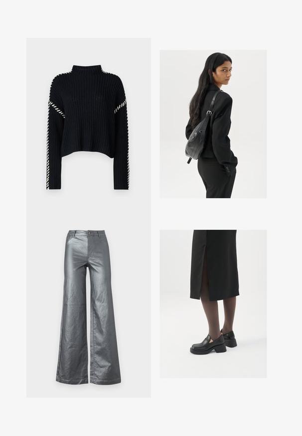 Vero Moda VMNEWCREAM FUNNELNECK PULLOVER - Džemper - black/birch; Laiad püksid läikivas metallikus hõbedases kangas. Omab esi-taskuid, nupplukku ja sirgeid servi. Sile tekstuur ja stiilne disain.; Mustad mustad jalatsid ümmarguse varbaga, paksu plokkniidi ja elastsete külgdetailidega, kombineeritud tumedate sukkade ja musta lõhikuga seelikuga.; Pikkade tumehaired naine mustas ülikonnas, kandes musta nahast õlakotti, vaatab üle õla valge tausta taustal.; Hõbedased rõngastikkaehingad minimalistlikus disainis. Ümar kuju, sile tekstuur ja õhuke profiil. Kerged ning poleeritud viimistlusega.