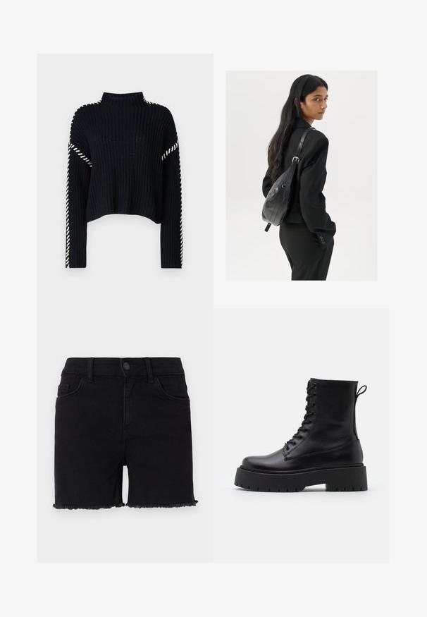Vero Moda VMNEWCREAM FUNNELNECK PULLOVER - Džemperis - black/birch; Melnas džinsu šortus ar pieguļošu jostasvietu, plīsušu malas apdari un klasisko piecu kabatu dizainu. Audums ir gluds ar nelielu stiepjamu efektu.; Melni ādas potītēm zābaki ar apļveida purngalu, auklām priekšpusē un biezu gumijas zoli ar teksturētu protektoru. Velkšanas cilpa aizmugurē.; Sieviete ar garām tumšām matiem, ģērbusies melnā uzvalkā, nēsā melnu ādas plecu somu un skatās pāri plecam uz balta fona.