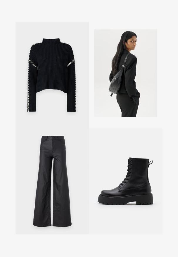 Vero Moda VMNEWCREAM FUNNELNECK PULLOVER - Jumper - black/birch; Black, wide-leg pants in a faux leather material. Features a high waist, belt loops, two front pockets, and stitched detailing.; Black leather ankle boots with a round toe, lace-up front, and a thick rubber sole featuring a textured tread. Pull tab at the back.; Woman with long dark hair wearing a black suit, carrying a black leather shoulder bag, looking over her shoulder against a white background.; Silver hoop earrings with a minimalist design. Circular shape, smooth texture, and thin profile. Lightweight with a polished finish.