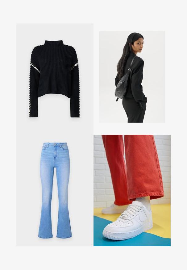 Vero Moda VMNEWCREAM FUNNELNECK PULLOVER - Neule - black/birch; Vaaleansiniset leveälahkeiset farkut, joissa on korkea vyötärö, valmistettu denimistä. Ominaisuuksina sileä pinta ja hillitty haalistuminen helmaa kohti. Klassinen viiden taskun muotoilu.; Valkoinen nahkakengät, joissa on rei'itetty varvasosa, teksturoitu pohja ja valkoiset nauhat, yhdistettynä leveisiin punaisiin housuihin ja sinikeltaiseen taustaan.; Nainen, jolla on pitkä tumma hius, pukeutuneena mustaan pukuun, kantaa mustaa nahkatoimistolaukku ja katsoo yli olkansa valkoista taustaa vasten.; Hopehope hopeilla, joissa on minimalistinen muotoilu. Pyöreä muoto, sileä pinta ja ohut profiili. Kevyet ja kiillotetut.