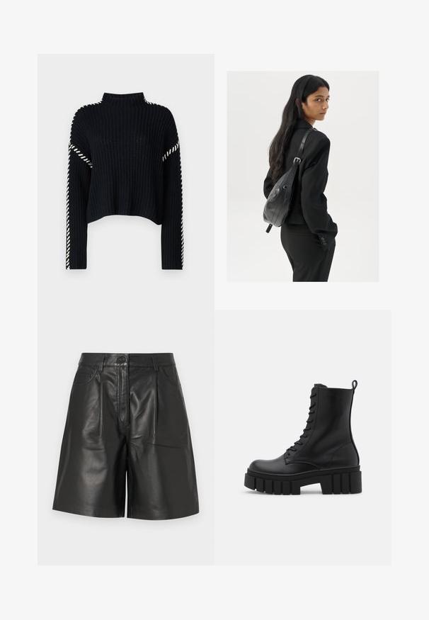 Vero Moda VMNEWCREAM FUNNELNECK PULLOVER - Camisola - black/birch; Calças curtas em pele preta com uma textura suave, apresentando um fecho frontal com botão, dois bolsos e um corte reto sob medida.; Bota ankle de couro preto com sola robusta e estriada, frente com atacadores e alça na parte de trás, sobre fundo branco liso.; Mulher com cabelo longo e escuro, vestindo um fato preto, carregando uma mala de ombro em pele preta, olhando por cima do ombro contra um fundo branco.