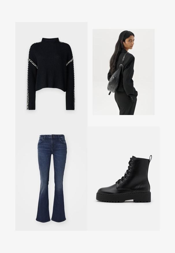 Vero Moda VMNEWCREAM FUNNELNECK PULLOVER - Pullover - black/birch; Jean flare bleu foncé en denim, avec une taille ajustée, un design à cinq poches et une légère décoloration pour une texture au niveau des cuisses et des genoux.; Bottine en cuir noir avec une semelle épaisse et texturée, bout rond et œillets en métal pour les lacets. Présente une languette à l'arrière.; Femme avec de longs cheveux foncés portant un costume noir, portant un sac à épaule en cuir noir, regardant par-dessus son épaule contre un fond blanc.
