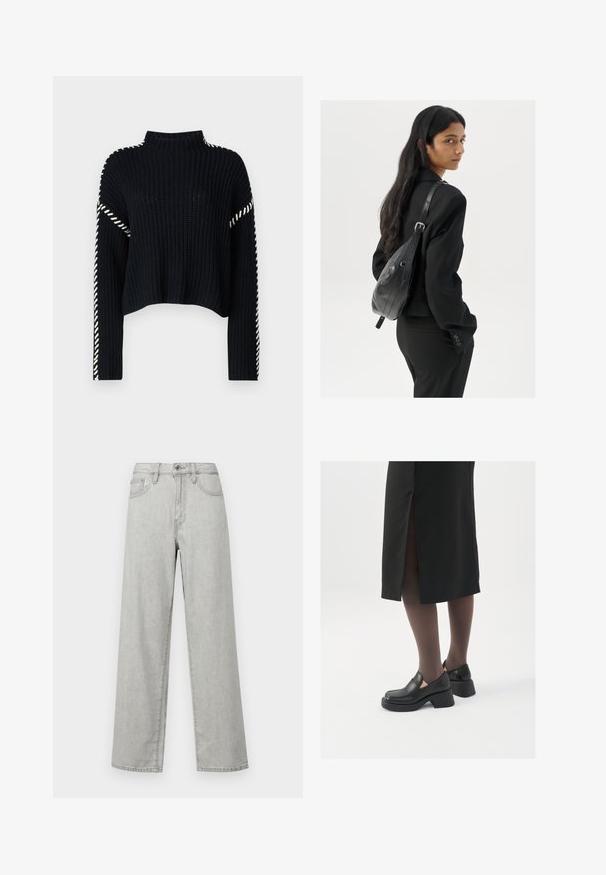 Vero Moda VMNEWCREAM FUNNELNECK PULLOVER - Vesta - black/birch; Svijetlosivi široki traperice izrađene od denima, s visokim strukom, prednjim džepovima i standardnim zatvaranjem na dugme i patentni zatvarač.; Crne kožne cipele s zaobljenim vrhom, debelim blok petama i elastičnim bočnim detaljima, uparene s tamnim čarapama i crnom suknjom s prorezom.; Žena s dugom tamnom kosom koja nosi crno odijelo, drži crnu kožnu torbu preko ramena i gleda unazad na bijeloj pozadini.; Srebrne okrugle naušnice s minimalističkim dizajnom. Kružni oblik, glatka tekstura i tanak profil. Lagane s poliranim završetkom.