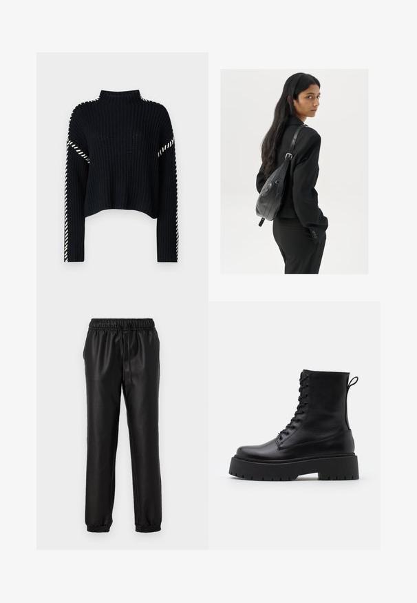 Vero Moda VMNEWCREAM FUNNELNECK PULLOVER - Svetrík - black/birch; Čierne syntetické tepláky s hladkým povrchom, elastickým pásom a zhrnutými manžetami. Umožňujú nastaviteľné prispôsobenie pomocou šnúrky.; Čierne kožené členkové topánky s okrúhlou špičkou, šnurovaním vpredu a hrubou gumovou podrážkou s textúrovaným vzorom. Sťahovací pútko na zadnej strane.; Žena s dlhými tmavými vlasmi, oblečená v čiernom obleku, nesúca čiernu koženú kabelku na ramene, pozerajúca cez rameno na bielom pozadí.; Zlaté kruhové náušnice, tenké a okrúhleho tvaru, s hladkým kovovým povrchom a bez ozdôb alebo vzorov.