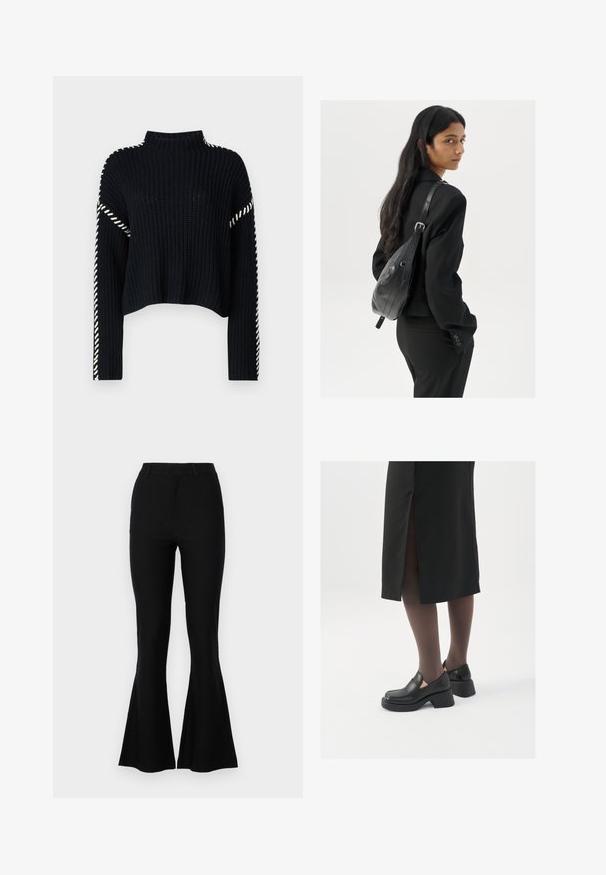 Vero Moda VMNEWCREAM FUNNELNECK PULLOVER - Džemperis - black/birch; Melnas saplacinātas bikses, kas izgatavotas no gludas auduma, ar piegulošu jostas daļu, taisnām kājām un paplašinātu apakšdaļu. Nav ievērojamu rakstu vai akcentu.; Melni ādas apavi ar noapaļotu purngalu, biezām bloku papēžiem un elastīgiem sānu akcentiem, apvienoti ar tumšām zeķubiksēm un melnu svārku ar šķirbu.; Sieviete ar garām tumšām matiem, ģērbusies melnā uzvalkā, nēsā melnu ādas plecu somu un skatās pāri plecam uz balta fona.; Sudraba gredzenveida auskari ar minimālistisku dizainu. Cirkulāra forma, gluda tekstūra un plāns profils. Vieglu svaru ar spīdīgu apdari.