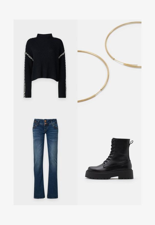 Vero Moda VMNEWCREAM FUNNELNECK PULLOVER - Jersey de punto - black/birch; Jeans de corte bootcut en azul oscuro con dos botones frontales, cinco bolsillos y un ligero desgaste en los muslos y las rodillas.; Botas de cuero negras hasta el tobillo con punta redonda, cordones en la parte delantera y una suela de goma gruesa con un dibujo texturizado. Tirador en la parte trasera.; Pendientes de aro color dorado, delgados y redondos, con un acabado metálico suave y sin adornos ni patrones.