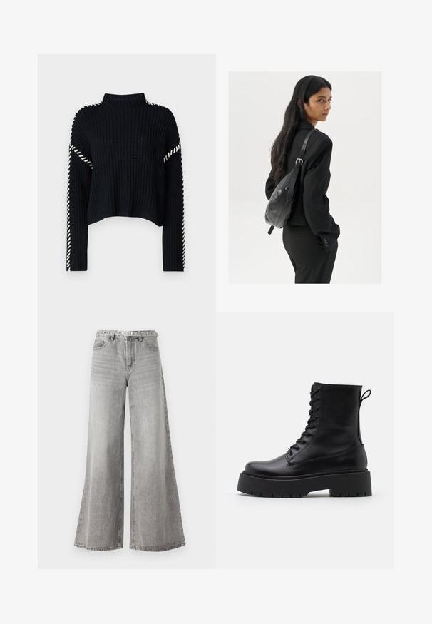 Vero Moda VMNEWCREAM FUNNELNECK PULLOVER - Džemperis - black/birch; Platas kāju pelēkas denima bikses ar augsto jostu, kas piedāvā klasisku piecu kabatu dizainu un jostas cilpiņu jostu. Tekstūra audumā.; Melni ādas potītēm zābaki ar apļveida purngalu, auklām priekšpusē un biezu gumijas zoli ar teksturētu protektoru. Velkšanas cilpa aizmugurē.; Sieviete ar garām tumšām matiem, ģērbusies melnā uzvalkā, nēsā melnu ādas plecu somu un skatās pāri plecam uz balta fona.