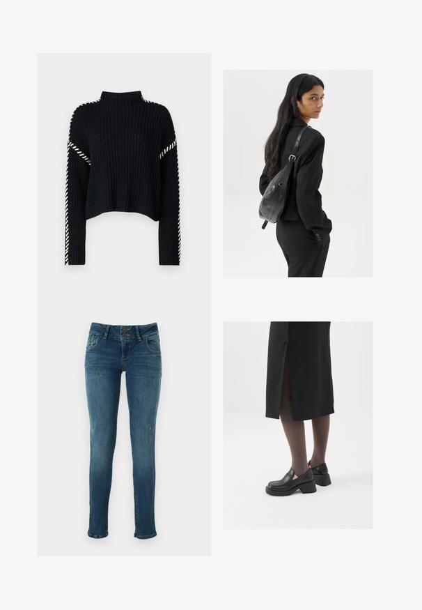 Vero Moda VMNEWCREAM FUNNELNECK PULLOVER - Džemperis - black/birch; Tievās zilās džinsās ar nodilušu apdari, divu pogu aizdari, pieciem kabatām un nedaudz nolietotu detalizāciju pie ceļgaliem.; Melni ādas apavi ar noapaļotu purngalu, biezām bloku papēžiem un elastīgiem sānu akcentiem, apvienoti ar tumšām zeķubiksēm un melnu svārku ar šķirbu.; Sieviete ar garām tumšām matiem, ģērbusies melnā uzvalkā, nēsā melnu ādas plecu somu un skatās pāri plecam uz balta fona.; Sudraba gredzenveida auskari ar minimālistisku dizainu. Cirkulāra forma, gluda tekstūra un plāns profils. Vieglu svaru ar spīdīgu apdari.