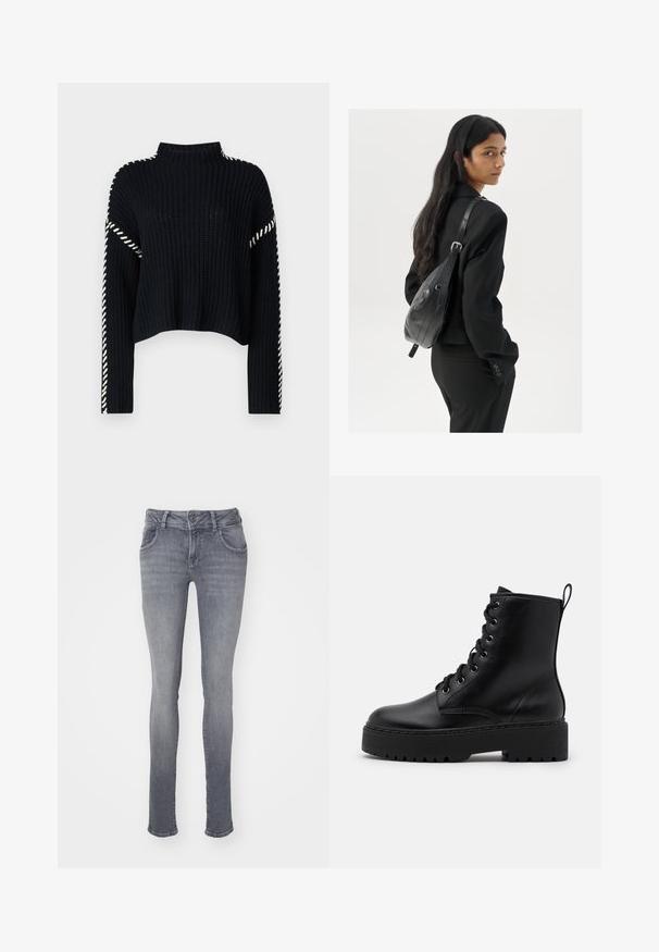 Vero Moda VMNEWCREAM FUNNELNECK PULLOVER - Džemper - black/birch; Hallid teksased slim fit kujus, viie taskuga disainiga ja nööbiga sulgemisega. Omavad peent tuhmumist ja klassikalist sirget lõiget.; Mustast nahkasaapastel on paks ja tekstureeritud tall, ümar varvas ning metallist silmad paelte jaoks. Seljal on tõmblaba.; Pikkade tumehaired naine mustas ülikonnas, kandes musta nahast õlakotti, vaatab üle õla valge tausta taustal.