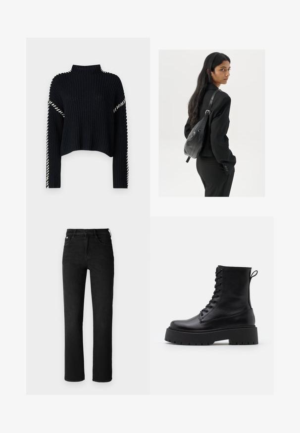 Vero Moda VMNEWCREAM FUNNELNECK PULLOVER - Neule - black/birch; Mustat farkut suoran lahkeiden muotoilulla, korkealla vyötäröllä ja klassisella viiden taskun tyylillä. Valmistettu kestävästä, teksturoidusta kankaasta.; Musta nahkainen nilkkureita, joissa on pyöreä kärki, nauhakiinnitys edessä ja paksu kumipohja, jossa on teksturoitu pinta. Takana vetotappi.; Nainen, jolla on pitkä tumma hius, pukeutuneena mustaan pukuun, kantaa mustaa nahkatoimistolaukku ja katsoo yli olkansa valkoista taustaa vasten.; Hopehope hopeilla, joissa on minimalistinen muotoilu. Pyöreä muoto, sileä pinta ja ohut profiili. Kevyet ja kiillotetut.