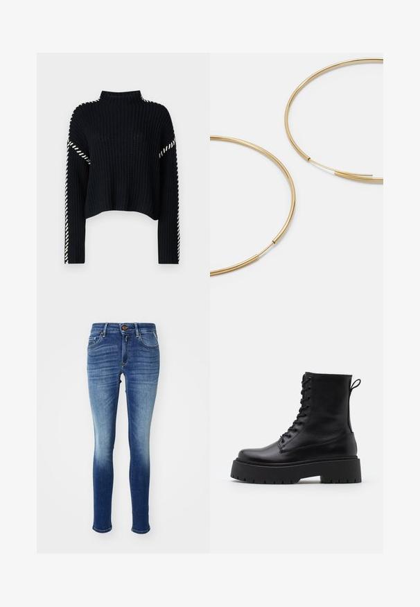 Vero Moda VMNEWCREAM FUNNELNECK PULLOVER - Džemperis - black/birch; Lieknos džinsai gradientiniu mėlynu-denimu, turintys penkis kišenes, mygtuko uždarymą ir subtilų blukimą link kulkšnies. Klasikinis dizainas.; Juodos odinės aulinukės su apvalia nosimi, raišteliais priekyje ir storesniu guminio pado apačioje su tekstūruotu raštu. Priekyje yra kilputė.; Aukso spalvos žiedo auskarai, ploni ir apvalūs, su lygiu metaliniu paviršiumi be papuošimų ar raštų.