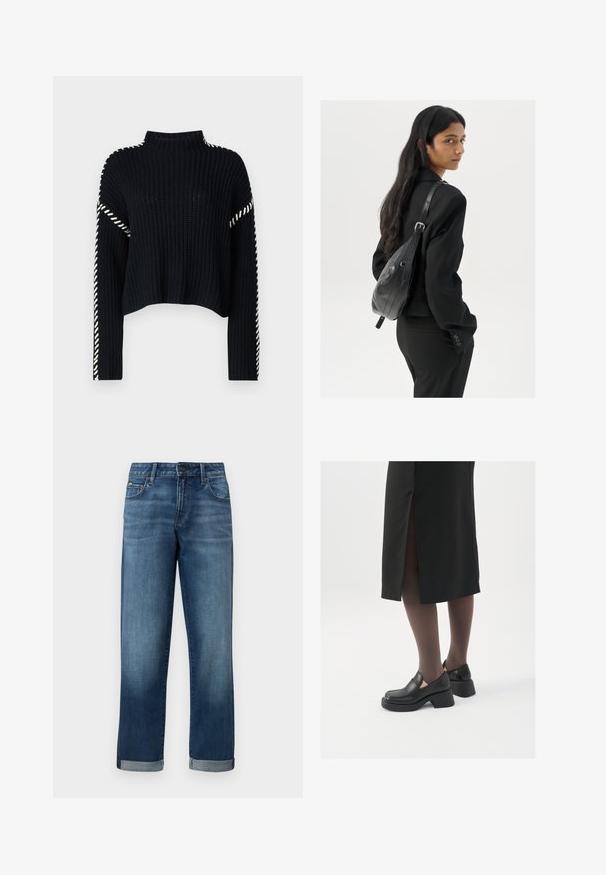 Vero Moda VMNEWCREAM FUNNELNECK PULLOVER - Svetr - black/birch; Džínové kalhoty ve středně modré barvě s rovným střihem, s ohrnutými nohavicemi a minimálními oděrkami. Klasický styl s pěti kapsami.; Černé kožené boty s kulatou špičkou, silným blokovým podpatkem a elastickými bočními akcenty, spárované s tmavými punčochami a černou sukní se rozparkem.; Žena s dlouhými tmavými vlasy, oblečená v černém obleku, nese černou koženou kabelku přes rameno a dívá se přes rameno na bílém pozadí.; Stříbrné kruhové náušnice s minimalistickým designem. Kruh, hladký povrch a tenký profil. Lehká konstrukce s lesklým povrchem.