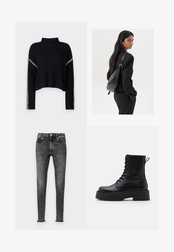 Vero Moda VMNEWCREAM FUNNELNECK PULLOVER - Džemperis - black/birch; Melni džinsi skinny ar izbalinātu apdari. Satur priekšējos kabatas, rāvējslēdzēja aizdari un saplēstus apakšmalas, lai nodrošinātu neformālu izskatu.; Melni ādas potītēm zābaki ar apļveida purngalu, auklām priekšpusē un biezu gumijas zoli ar teksturētu protektoru. Velkšanas cilpa aizmugurē.; Sieviete ar garām tumšām matiem, ģērbusies melnā uzvalkā, nēsā melnu ādas plecu somu un skatās pāri plecam uz balta fona.