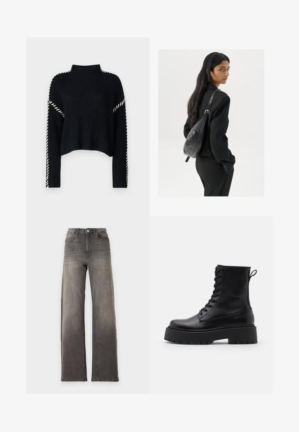 Vero Moda VMNEWCREAM FUNNELNECK PULLOVER - Džemperis - black/birch; Augsti vidukļa pelēki džinsu bikses ar brīvu, plašu kleitu. Iespējama klasiskā piecu kabatu konstrukcija un nedaudz nodilušas tekstūras.; Melni ādas potītēm zābaki ar apļveida purngalu, auklām priekšpusē un biezu gumijas zoli ar teksturētu protektoru. Velkšanas cilpa aizmugurē.; Sieviete ar garām tumšām matiem, ģērbusies melnā uzvalkā, nēsā melnu ādas plecu somu un skatās pāri plecam uz balta fona.