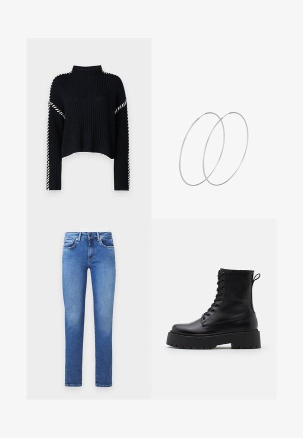 Vero Moda VMNEWCREAM FUNNELNECK PULLOVER - Jersey de punto - black/birch; Jeans de mezclilla azul con un corte de pierna recta, diseño de cinco bolsillos y cierre de botón. La tela tiene una textura suave con un ligero desgaste.; Botas de cuero negras hasta el tobillo con punta redonda, cordones en la parte delantera y una suela de goma gruesa con un dibujo texturizado. Tirador en la parte trasera.; Pendientes de aro plateados con un diseño minimalista. Forma circular, textura suave y perfil delgado. Livianos con un acabado pulido.