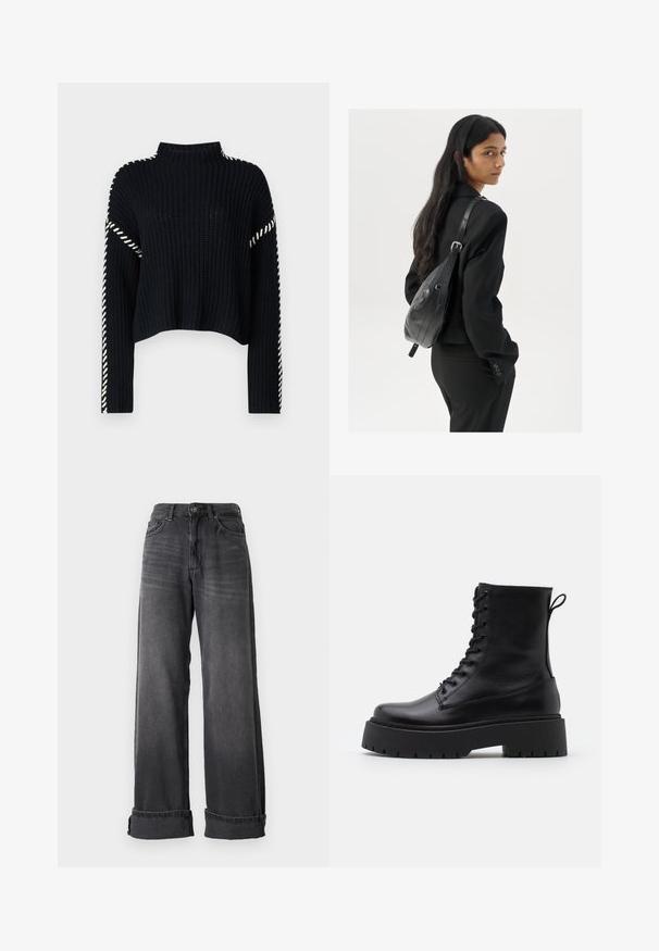 Vero Moda VMNEWCREAM FUNNELNECK PULLOVER - Pulover - black/birch; Široke hlače iz temno sive denima, z visokim pasom, petimi žepi in zavihanimi manšetami za dodaten detajl. Gladka tekstura z rahlimi bledi.; Črne usnjene gležnjarje z okroglo konico, vezalnim sprednjim delom in debelim gumijastim podplatom z teksturiranim profilom. Zanka na hrbtni strani.; Ženska z dolgimi temnimi lasmi, oblečena v črn kostim, nosi črno usnjeno torbo čez ramo in se ozira čez ramo proti beli podlagi.