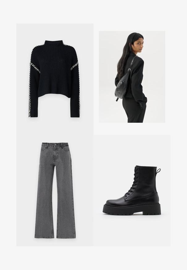 Vero Moda VMNEWCREAM FUNNELNECK PULLOVER - Pulover - black/birch; Široke hlače iz črnega denima s belim pikčastim vzorcem; vključujejo klasično zasnovo s petimi žepi in zapiranjem na gumb.; Črne usnjene gležnjarje z okroglo konico, vezalnim sprednjim delom in debelim gumijastim podplatom z teksturiranim profilom. Zanka na hrbtni strani.; Ženska z dolgimi temnimi lasmi, oblečena v črn kostim, nosi črno usnjeno torbo čez ramo in se ozira čez ramo proti beli podlagi.