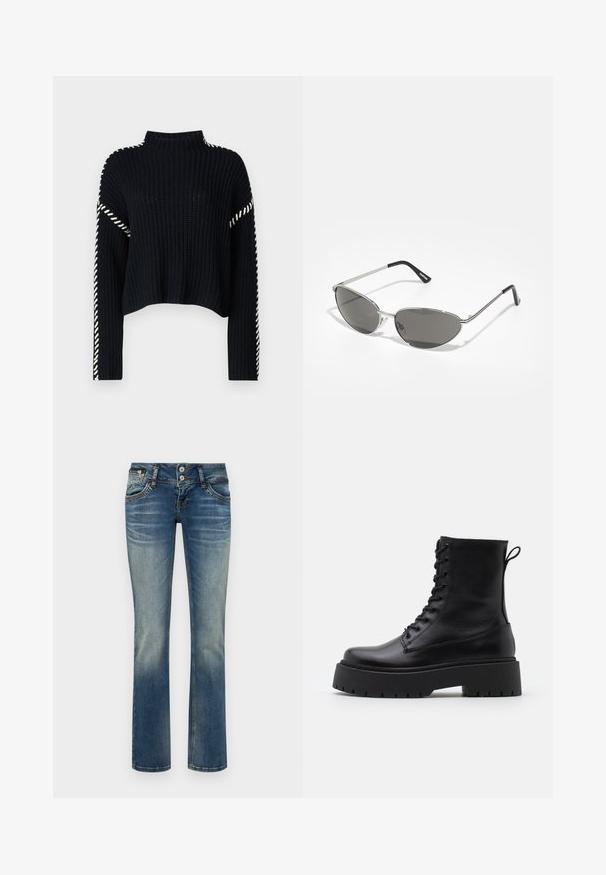 Vero Moda VMNEWCREAM FUNNELNECK PULLOVER - Džemperis - black/birch; Išblukę mėlyni džinsai, pagaminti iš džinsinio audinio, su tiesaus kirpimo dizainu, dviem mygtukais ir subtiliu audinio nusidėvėjimu.; Juodos odinės aulinukės su apvalia nosimi, raišteliais priekyje ir storesniu guminio pado apačioje su tekstūruotu raštu. Priekyje yra kilputė.; Akiniai nuo saulės su elegantišku sidabro metaliniu rėmu, pilkai tonuotais objektyvais ir aerodinaminiu dizainu, turinčiu smailius kampus ir plonus šonus.