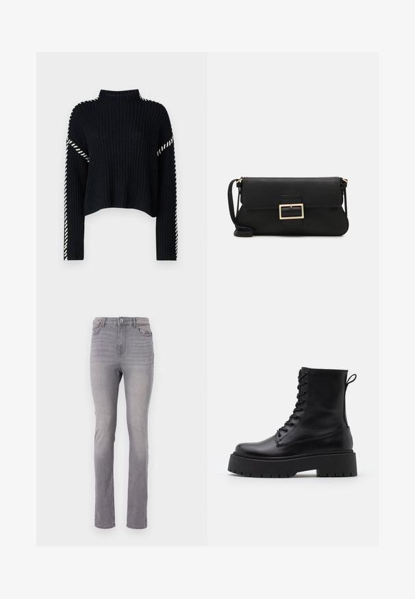 Vero Moda VMNEWCREAM czarny; Szare dżinsy z prostym krojem nogawki, pięcioma kieszeniami oraz klasycznym zapięciem na guzik i zamek. Gładka faktura z delikatnym wyblaknięciem.; Czarne skórzane botki za kostkę z okrągłym noskiem, sznurówką z przodu i grubą gumową podeszwą z teksturowanym bieżnikiem. Pętelka do zakładania z tyłu.; Czarna skórzana torebka kopertowa z klapką i detalem w postaci złotej metalowej klamry. Zawiera czarny pasek oraz elegancki, minimalistyczny design.; Złote kolczyki w kształcie cienkich okrągłych obręczy, o gładkim metalicznym wykończeniu, bez zdobień czy wzorów.