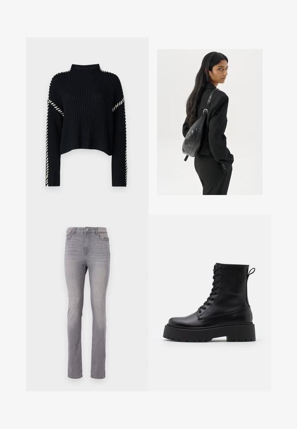 Vero Moda VMNEWCREAM FUNNELNECK PULLOVER - Džemperis - black/birch; Pelēkie džinsi ar taisnu piegriezumu, piecu kabatu dizainu un klasisku pogu un rāvējslēdzēja aizdari. Gluda tekstūra ar vieglu izbalēšanu.; Melni ādas potītēm zābaki ar apļveida purngalu, auklām priekšpusē un biezu gumijas zoli ar teksturētu protektoru. Velkšanas cilpa aizmugurē.; Sieviete ar garām tumšām matiem, ģērbusies melnā uzvalkā, nēsā melnu ādas plecu somu un skatās pāri plecam uz balta fona.