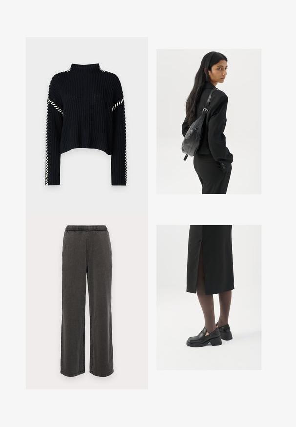 Vero Moda VMNEWCREAM FUNNELNECK PULLOVER - Svetr - black/birch; Tmavě šedé kalhoty širokého střihu vyrobené z měkkého materiálu, s elastickým pasem, obsahující dvě postranní kapsy a rovné lemy. Bez viditelných vzorů.; Černé kožené boty s kulatou špičkou, silným blokovým podpatkem a elastickými bočními akcenty, spárované s tmavými punčochami a černou sukní se rozparkem.; Žena s dlouhými tmavými vlasy, oblečená v černém obleku, nese černou koženou kabelku přes rameno a dívá se přes rameno na bílém pozadí.; Stříbrné kruhové náušnice s minimalistickým designem. Kruh, hladký povrch a tenký profil. Lehká konstrukce s lesklým povrchem.