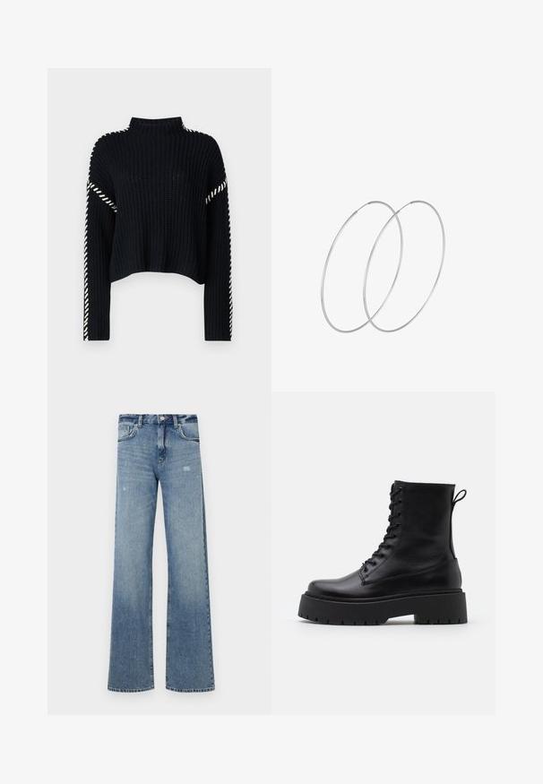 Vero Moda VMNEWCREAM FUNNELNECK PULLOVER - Pulover - black/birch; Svetlo modri kavbojki z visoko pasom, širokimi hlačnicami, rahlo uničenim videzom in tradicionalno strukturo s petimi žepi.; Črne usnjene gležnjarje z okroglo konico, vezalnim sprednjim delom in debelim gumijastim podplatom z teksturiranim profilom. Zanka na hrbtni strani.; Srebrne uhane v obliki obroča z minimalističnim dizajnom. Krožna oblika, gladka tekstura in tanek profil. Lahki s poliranim zaključkom.