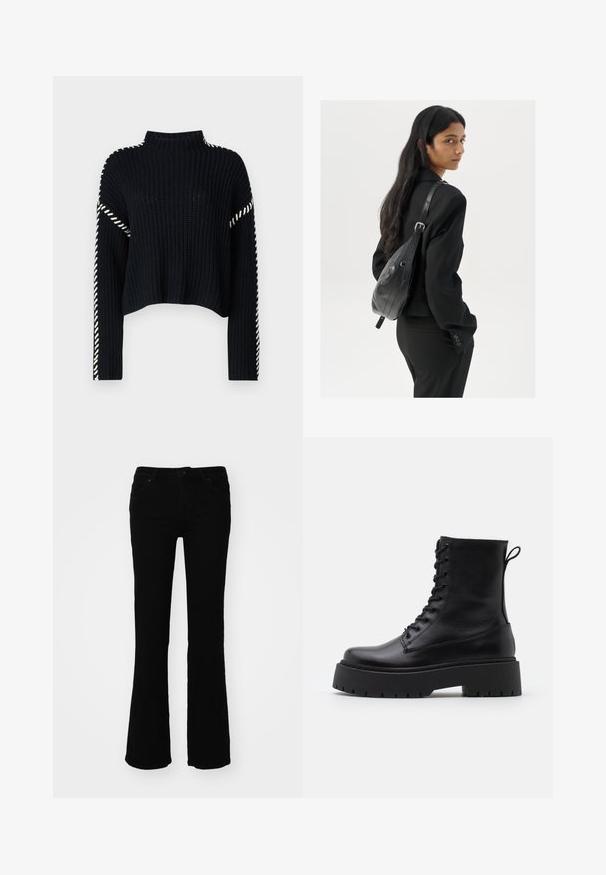 Vero Moda VMNEWCREAM FUNNELNECK PULLOVER - Džemperis - black/birch; Juodos plačios džinsinės kelnės, pagamintos iš džinsinio audinio, su vidutiniu juosmens aukščiu, penkiomis kišenėmis ir subtiliomis siuvimo detalėmis ant galinių kišenių.; Juodos odinės aulinukės su apvalia nosimi, raišteliais priekyje ir storesniu guminio pado apačioje su tekstūruotu raštu. Priekyje yra kilputė.; Moteris su ilgais tamsiais plaukais, vilkinti juodą kostiumą, nešanti juodą odinę rankinę per petį, žvelgia per petį prieš balto fono.