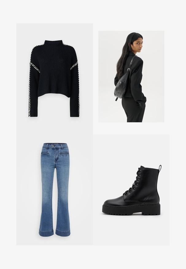 Vero Moda VMNEWCREAM FUNNELNECK PULLOVER - Džemper - black/birch; Keskmise sinise tooniga flared denim teksad kõrge vöökoha, eesmine taskute ja kontrastõmblustega. Kangas on pehme ja kergelt kulunud viimistlusega.; Mustast nahkasaapastel on paks ja tekstureeritud tall, ümar varvas ning metallist silmad paelte jaoks. Seljal on tõmblaba.; Pikkade tumehaired naine mustas ülikonnas, kandes musta nahast õlakotti, vaatab üle õla valge tausta taustal.