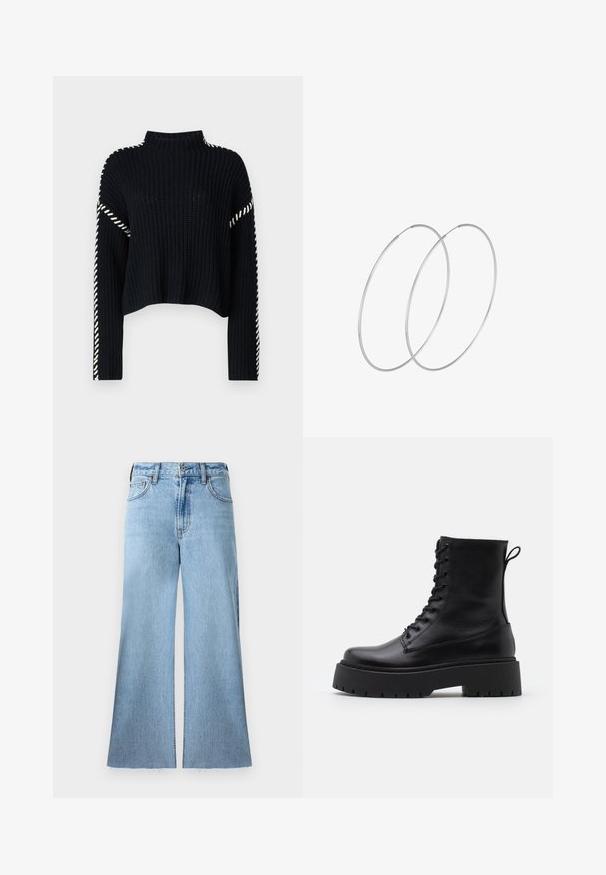 Vero Moda VMNEWCREAM FUNNELNECK PULLOVER - Svetr - black/birch; Svetle modré, volné džíny vyrobené z denimu s texturovaným povrchem. Disponují středně vysokým pasem a detaily s neopracovaným lemem.; Černé kožené kotníkové boty s kulatou špičkou, šněrováním na přední straně a silnou gumovou podešví s texturovaným vzorkem. S poutkem vzadu.; Stříbrné kruhové náušnice s minimalistickým designem. Kruh, hladký povrch a tenký profil. Lehká konstrukce s lesklým povrchem.