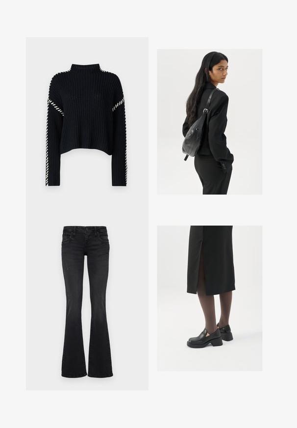 Vero Moda VMNEWCREAM FUNNELNECK PULLOVER - Maglione - black/birch; Jeans in denim nero con leggera usura, tasche anteriori e posteriori, chiusura con bottone e design a gamba svasata.; Scarpe in pelle nera con punta arrotondata, tacco spesso a blocco e accenti laterali in elastico, abbinate a collant scuri e una gonna nera con uno spacco.; Donna con lunghi capelli scuri, vestita con un completo nero, che porta una borsa a tracolla in pelle nera, mentre guarda oltre la spalla su uno sfondo bianco.; Orecchini a cerchio in argento con un design minimalista. Forma circolare, superficie liscia e profilo sottile. Leggeri con una finitura lucida.