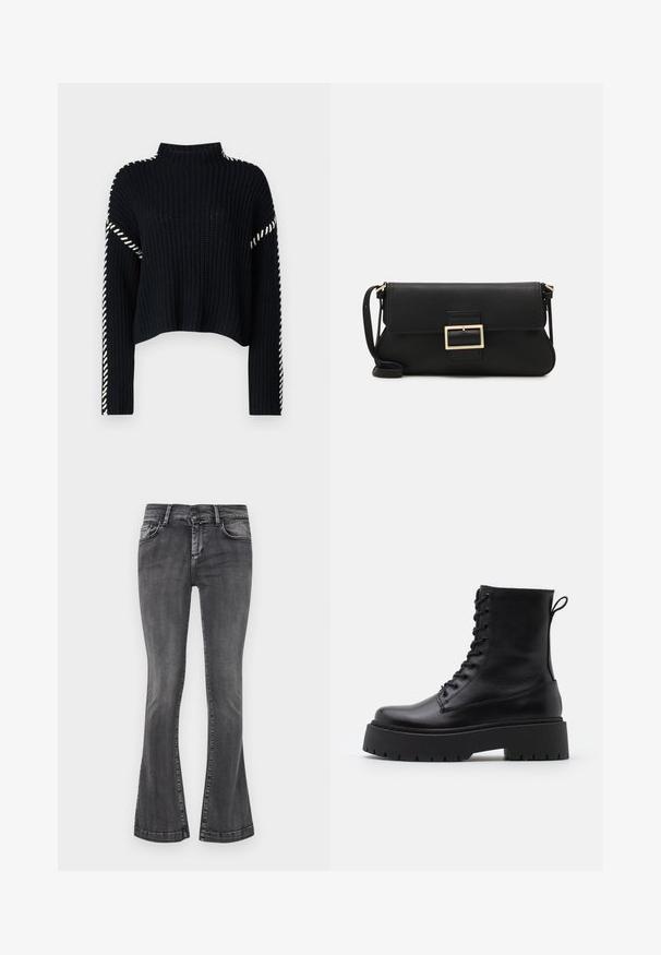 Vero Moda VMNEWCREAM FUNNELNECK PULLOVER - Jumper - black/birch; Gray flared jeans in a faded wash, featuring five pockets, belt loops, and a zip fly. The denim has a slight texture with stitching accents.; Black leather ankle boots with a round toe, lace-up front, and a thick rubber sole featuring a textured tread. Pull tab at the back.; Black leather clutch bag with a flap and a gold metal buckle detail. Includes a black strap and a sleek, minimalist design.; Gold-colored hoop earrings, thin and round in shape, with a smooth metallic finish and no embellishments or patterns.