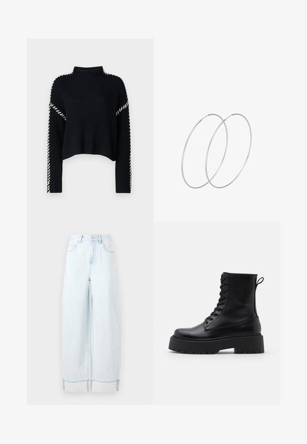 Vero Moda VMNEWCREAM FUNNELNECK PULLOVER - Pulover - black/birch; Svetlo modri široki jeans iz denima, ki imajo visok pas, sprednje žepe in zavit rob s vidnimi šivi.; Črne usnjene gležnjarje z okroglo konico, vezalnim sprednjim delom in debelim gumijastim podplatom z teksturiranim profilom. Zanka na hrbtni strani.; Srebrne uhane v obliki obroča z minimalističnim dizajnom. Krožna oblika, gladka tekstura in tanek profil. Lahki s poliranim zaključkom.
