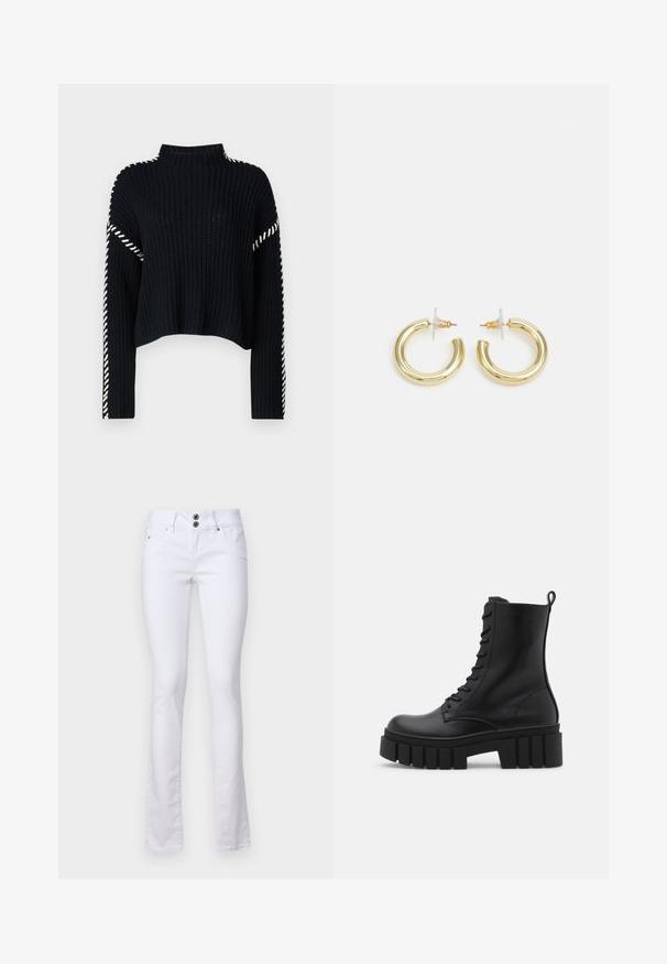 Vero Moda VMNEWCREAM FUNNELNECK PULLOVER - Camisola - black/birch; Calças flare brancas feitas de um tecido de mistura de algodão, apresentando um fecho de dois botões, bolsos frontais e detalhes de costura subtil.; Bota ankle de couro preto com sola robusta e estriada, frente com atacadores e alça na parte de trás, sobre fundo branco liso.; Brincos em argola dourados com um acabamento liso e brilhante. Design circular com um pequeno pino e suporte transparente para um uso seguro.
