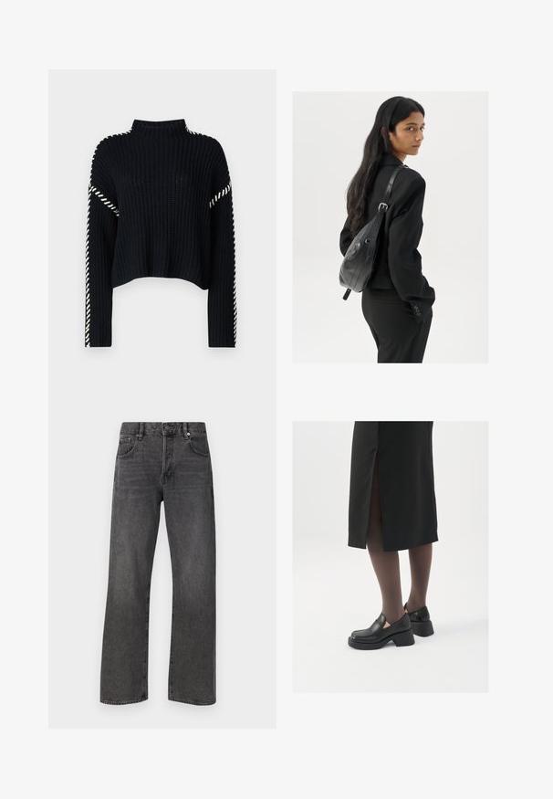 Vero Moda VMNEWCREAM FUNNELNECK PULLOVER - Džemperis - black/birch; Melni denima džinsi ar taisnu kāju dizainu, kas iekļauj klasisku piecu kabatu stilu un redzamu šuvju apdari.; Melni ādas apavi ar noapaļotu purngalu, biezām bloku papēžiem un elastīgiem sānu akcentiem, apvienoti ar tumšām zeķubiksēm un melnu svārku ar šķirbu.; Sieviete ar garām tumšām matiem, ģērbusies melnā uzvalkā, nēsā melnu ādas plecu somu un skatās pāri plecam uz balta fona.; Sudraba gredzenveida auskari ar minimālistisku dizainu. Cirkulāra forma, gluda tekstūra un plāns profils. Vieglu svaru ar spīdīgu apdari.