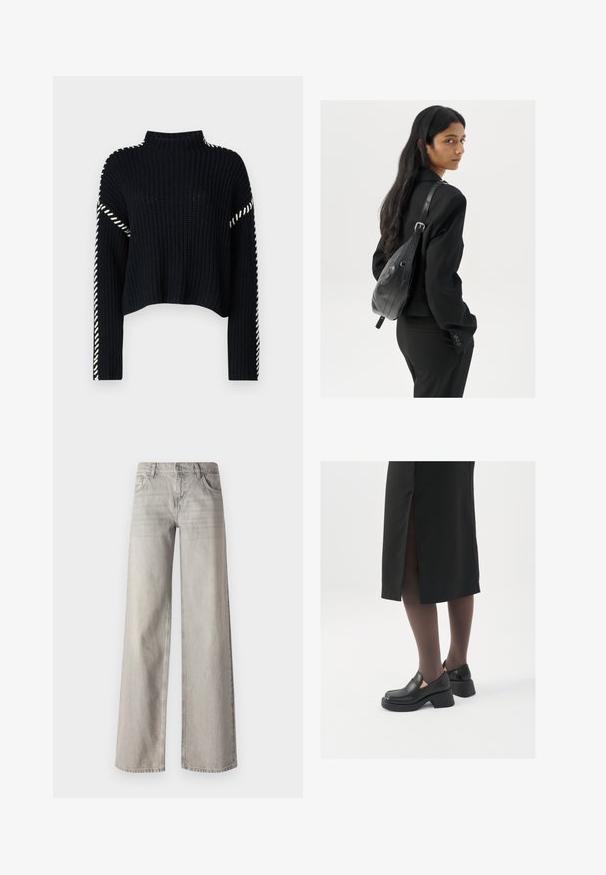 Vero Moda VMNEWCREAM FUNNELNECK PULLOVER - Maglione - black/birch; Jeans larghi grigio chiaro in denim, con un design a cinque tasche, chiusura con bottone frontale e texture leggermente sbiadita.; Scarpe in pelle nera con punta arrotondata, tacco spesso a blocco e accenti laterali in elastico, abbinate a collant scuri e una gonna nera con uno spacco.; Donna con lunghi capelli scuri, vestita con un completo nero, che porta una borsa a tracolla in pelle nera, mentre guarda oltre la spalla su uno sfondo bianco.; Orecchini a cerchio in argento con una finitura liscia e lucente. Forma arrotondata, design leggero, con chiusura a perno.