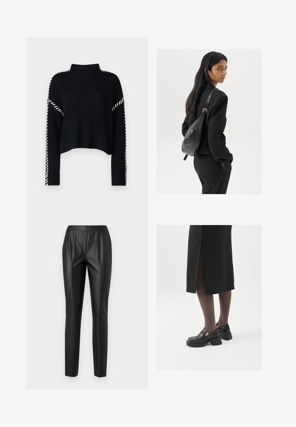 Vero Moda VMNEWCREAM FUNNELNECK PULLOVER - Džemperis - black/birch; Juodos dirbtinės odos kelnės su siauru siluetu, turinčios aukštą liemeni, priekiniais raukiniais ir lygia tekstūra. Nėra matomų aksesuarų ar raštų.; Juodos odinės bateliai su apvaliu nosiu, stora blokine pakulne ir elastingais šonais, derinami su tamsiomis pėdkelnėmis ir juoda sijonu su plyšiu.; Moteris su ilgais tamsiais plaukais, vilkinti juodą kostiumą, nešanti juodą odinę rankinę per petį, žvelgia per petį prieš balto fono.; Sidabrinės pusmėnulio auskarai minimalistiniu dizainu. Apskritimo forma, lygus paviršius ir plonas profilis. Lengvi su poliruotu apdailu.