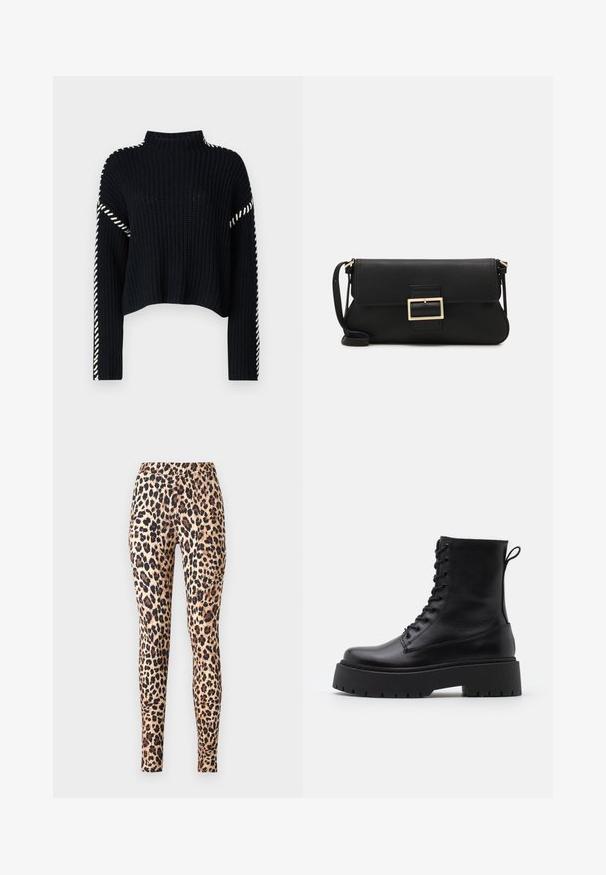 Vero Moda VMNEWCREAM FUNNELNECK PULLOVER - Striktrøje - black/birch; ONLY ONLKIM - Leggings - cuban sand; Sorte læder ankelstøvler med rund tå, snørebånd foran og en tyk gummisål med struktureret slidbane. Hæfteløkke bagpå.; Sort læder clutchtaske med klap og detaljer i guldmetallisk spænde. Inkluderer en sort rem og et slankt, minimalistisk design.; Guldfarvede hoops øreringe, tynde og runde i formen, med en glat metallisk finish uden udsmykninger eller mønstre.