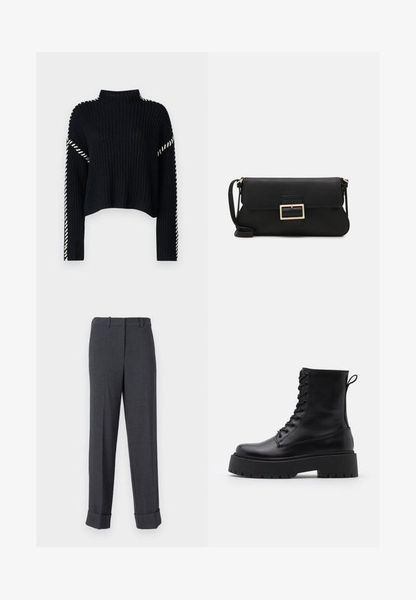 Vero Moda VMNEWCREAM FUNNELNECK PULLOVER - Vesta - black/birch; Sive prilagođene hlače od teksturiranog platna, s ravnim nogavicama, petljama za remen i manžetama za strukturirani izgled.; Crne kožne gležnjače s okruglim vrhom, vezanjem sprijeda i debelim gumenim potplatom s teksturiranim uzorkom. Tipa: traka za vuču na stražnjoj strani.; Crna kožna clutch torbica s preklopom i zlatnim metalnim detaljem kopče. Uključuje crnu trakicu i elegantan, minimalistički dizajn.