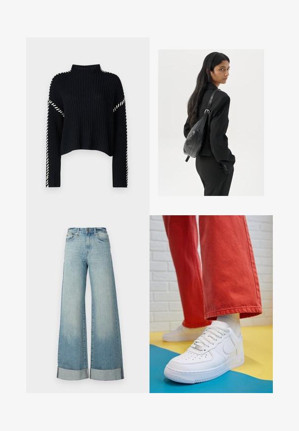 Vero Moda VMNEWCREAM FUNNELNECK PULLOVER - Jumper - black/birch; ONLY ONLBROOME WIDE FOLD UP - Wide Leg - light blue denim; White leather sneaker with perforated toe box, textured sole, and white laces, paired with wide red pants and a blue and yellow background.; Woman with long dark hair wearing a black suit, carrying a black leather shoulder bag, looking over her shoulder against a white background.