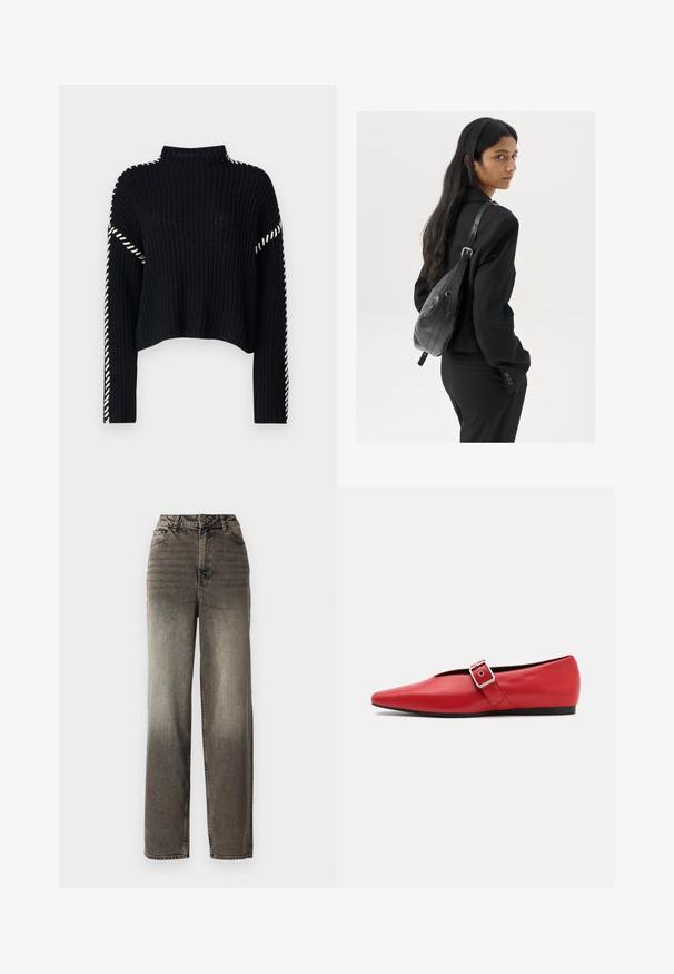 Vero Moda VMNEWCREAM FUNNELNECK PULLOVER - Pulover - black/birch; Široke, sive kavbojke z zbledelim denim finishom. Imajo visok pas, pet žepov in klasičen gumb za zapiranje. Teksturovano blago z vidnimi šivi.; Rdeče usnjene balerinke s koničastim nosom, z bočnim trakom z kovinsko sponko in nizko črno peto. Gladka tekstura po celotni površini.; Ženska z dolgimi temnimi lasmi, oblečena v črn kostim, nosi črno usnjeno torbo čez ramo in se ozira čez ramo proti beli podlagi.; Zlate uhane v obliki obročkov z gladko, sijočo površino. Krožna zasnova s majhnim nosilcem in prozornim podplatom za varno nošenje.