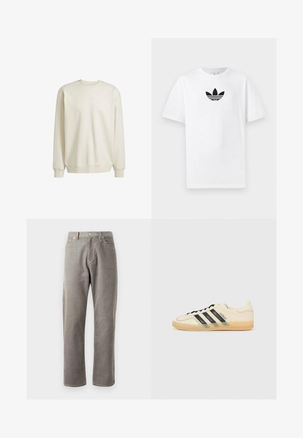 Mikina s kulatým výstřihem v odstínu off-white. Měkká látka, žebrované manžety a lem, vyšívané logo na hrudi, volný střih, minimalistický design.; Bílá bavlněná tričko s černým logem Adidas uprostřed. Krátký rukáv a design s kulatým výstřihem. Hladká textura.; Šedé manšestrové kalhoty se střihem rovného nohavice, vysokým pasem, předními kapsami a jemnou vertikální strukturou.; Světle krémové tenisky s černým designem tří pruhů,Texturovaný svršek, kulatá špička a gumová podešev. Obsahují šněrování a branding po straně.