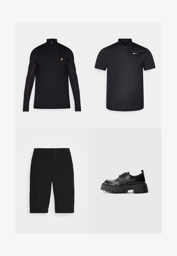Svart zip-up tröja gjord av slätt tyg, med hög krage och långa ärmar. Litet gult logo på vänster bröstområde.; Svart polo skjorta i mjukt tyg, med krage, två knappar och en liten vit Nike-logotyp på vänster bröst.; Svarta shorts i slätt tyg, med rak skärning, bältesloopar och en enda framficka, designade för en avslappnad passform.; Svarta läder snörskor med en tjock, räfflad gummisula. Har en rundad tå och subtila sömnadsdetaljer. Tjock klack för stabilitet.