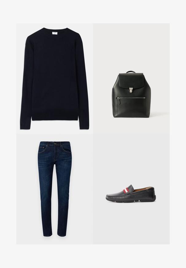Suéter de cuello redondo de color azul marino hecho de una tela suave, con mangas largas y detalles acanalados en el collar y el dobladillo. Diseño limpio y minimalista.; Dondup ICON - Vaqueros slim fit - dark blue; Zapato negro de cuero sin cordones con superficie texturizada, con una franja roja y blanca en la parte superior, punta redonda y suela de goma.; Mochila de cuero negra con cierre de solapa, herrajes plateados, un bolsillo frontal con cremallera y un acabado texturizado.