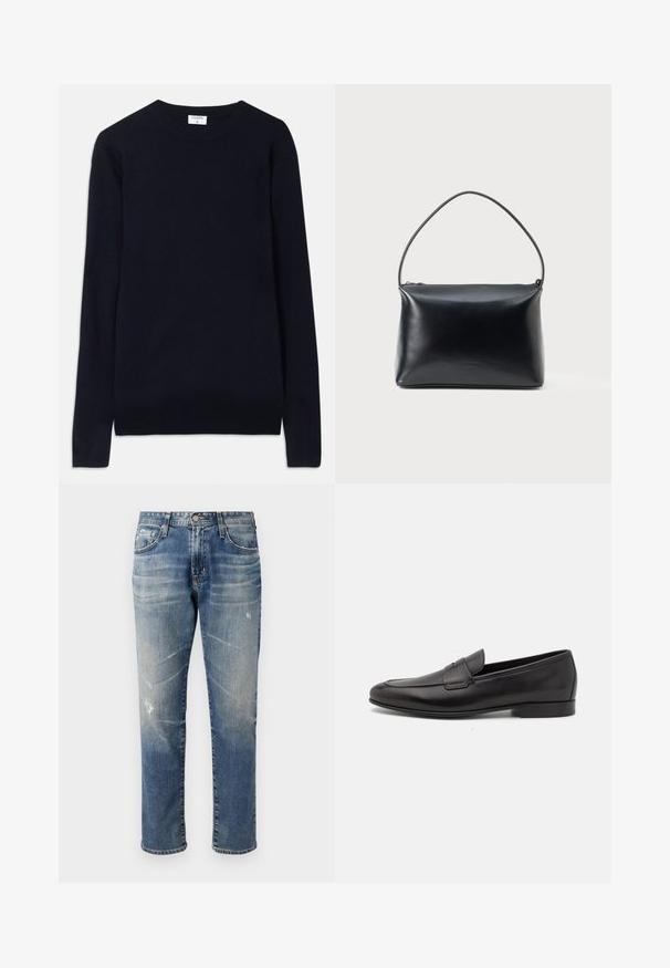 Mornarško moder pulover s krojnim ovratnikom, izdelan iz mehke tkanine, z dolgimi rokavi in ribjastim detajlom na ovratniku in robu. Čista, minimalistična zasnova.; Svetlo modri traper hlače z ravnim krojem, izblit finishom, subtilnimi poškodbami, petimi žepi in pasom s zankami.; Moški črni usnjeni loafer s nizkim peto in klasičnim penny trakom, prikazan v bočnem profilu na belem ozadju.; Črna gladka usnjena torbica z enim ukrivljenim ročajem in zgornjim zadrgo za zapiranje, prikazana na enostavni beli podlagi.