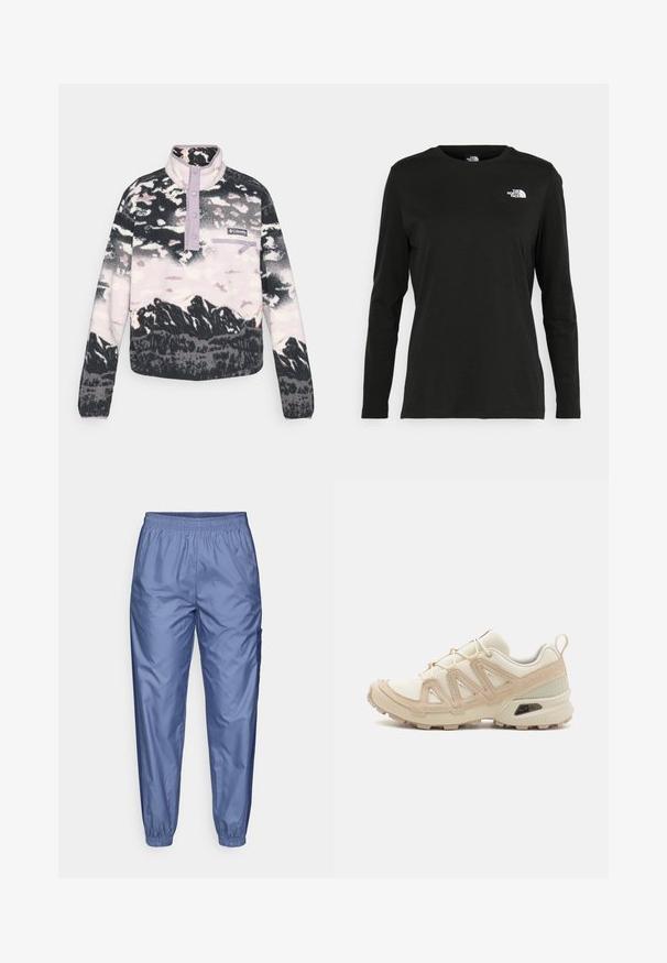 Pull en polaire noir, blanc et rose avec un imprimé de paysage montagneux, col violet, patte de boutonnage et poche zippée sur le devant.; T-shirt noir à manches longues en coton avec un col rond. Présente un petit logo blanc sur la partie gauche de la poitrine. Design et coupe simples.; Des pantalons de sport brillants, bleu clair, avec une ceinture élastique, des jambes fuselées et une poche cargo sur le côté ; fabriqués en tissu lisse et léger.; Baskets de sport beiges et crème avec une tige en mesh texturé, des superpositions de soutien et une semelle en caoutchouc dotée d'un motif de crampons pour une traction.