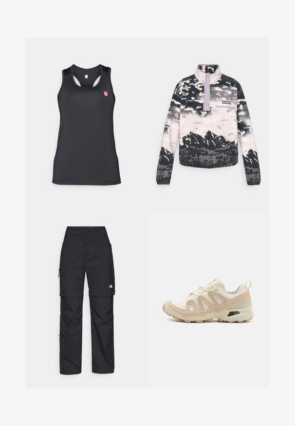 Polarowa bluza w kolorach czarnym, białym i różowym z nadrukiem górskiego krajobrazu, fioletowym kołnierzykiem, zapięciem na guziki oraz przednią kieszenią na zamek.; Czarny top na ramiączkach wykonany z gładkiego, elastycznego materiału. Posiada plecy w stylu wyścigowym z małym różowym logo na górze po lewej stronie.; Czarne nylonowe spodnie cargo z odpinanymi nogawkami, regulowanymi mankietami, wieloma kieszeniami oraz logo na prawej nogawce. Gładka, lekka tekstura.; Beżowe i kremowe buty sportowe z teksturowanej siateczki, wspierającymi nakładkami oraz gumową podeszwą z wzorem bieżnika zapewniającym przyczepność.