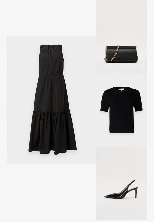 Pulover scurt, din tricot negru, cu mânecă scurtă și guler rotund. Dispune de o textură dantelată și un tiv tăiat drept. Etichetă pe gulerul interior.; Rochie neagră fără mâneci, cu un brad elastic la talie, decolteu plisat și tiv valoros în straturi, realizată dintr-un material ușor.; Pantofi slingback din piele patent neagră, cu vârful ascuțit, tocul subțire și un design discret cu decupaj. Se evidențiază printr-un cataramă aurie pe curea.; Plică din piele neagră cu o curea din lanț auriu, având o textură netedă, formă rectangulară și o marcă embosată pe față.