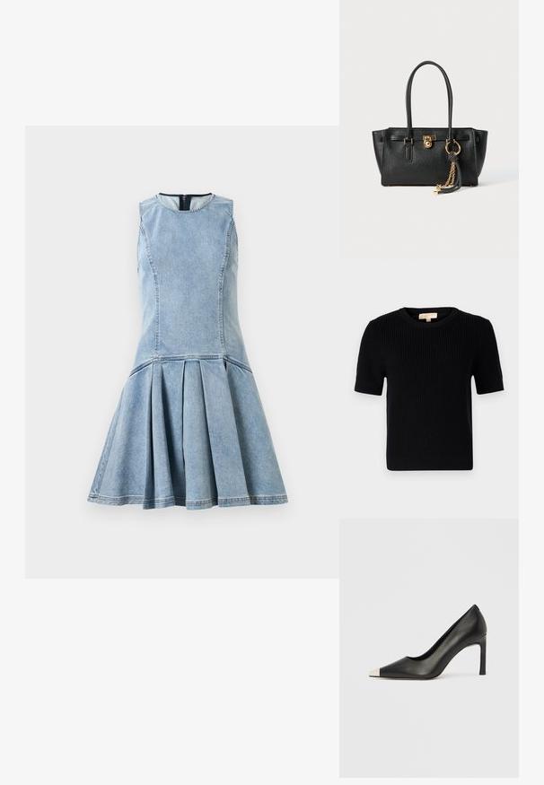 Svart stickad kortärmad tröja med rund halsringning. Har en ribbad textur och en rak fåll. Etikett på insidan av kragen.; Ärmlös ljusblå denimklänning med åtsittande liv och utsvängd plisserad kjol, rund halsringning och synlig dragkedja på baksidan.; Svart skinnsko med hög klack, spetsig tå och metallisk silverhätta. Har en slät yta och en smal klack på 10 cm.; Svart läderhandväska med dubbla handtag, guldlås och kedjedetalj, samt svart-vit tofsaccessoar mot vit bakgrund.