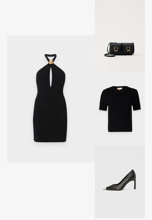 Must värvitud lühikeste varrukatega sviiter ümmarguse kaelusega. Omab ribatekstiili ja sirget lõiget. Sildiga sise-kaeluses.; Must rõivastus mustsse värvitud halter-kleidis, millel on võtmeaugu eesmine disain ja kuldne lõvikuju aksessuaar kaelaosa juures. Sile tekstuur, kehakumerust rõhutav siluett.; Mustast nahast kõrge kontsaga king terava varba ja metallik hõbedase otsikuga. Iseloomustab sile viimistlus ja sihvakas 10 cm konts.; Must küllastamata nahast õlakott, millel on kaks esist nähtavat taskut, kuldsed pandlad, tõmblukuga sulgemine ja peen rihm. Tekstuuriga pind ja kompaktne ristkülikukujuline kuju.